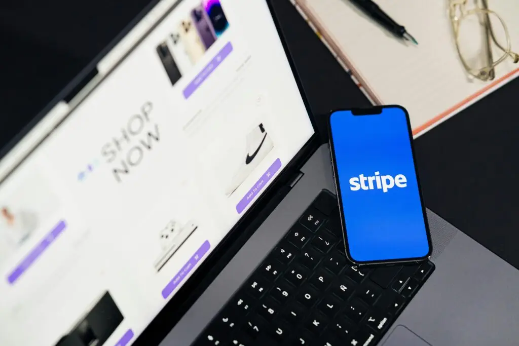 Datora ekrāns ar internetveikalu un stripe attēls